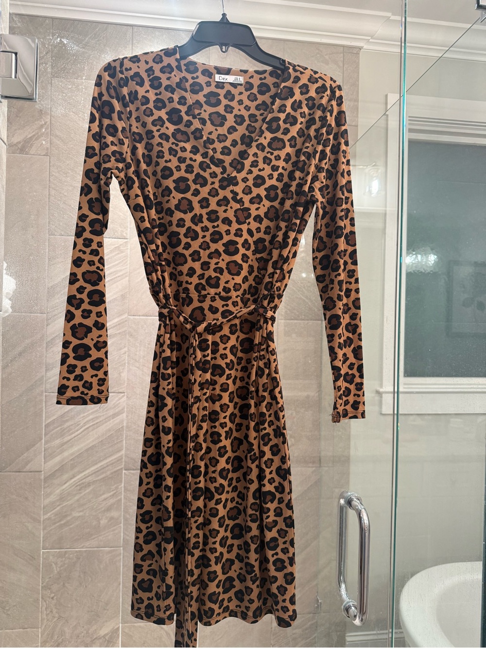 Dex Brown Leopard Print Long Sleeve Wrap Dress